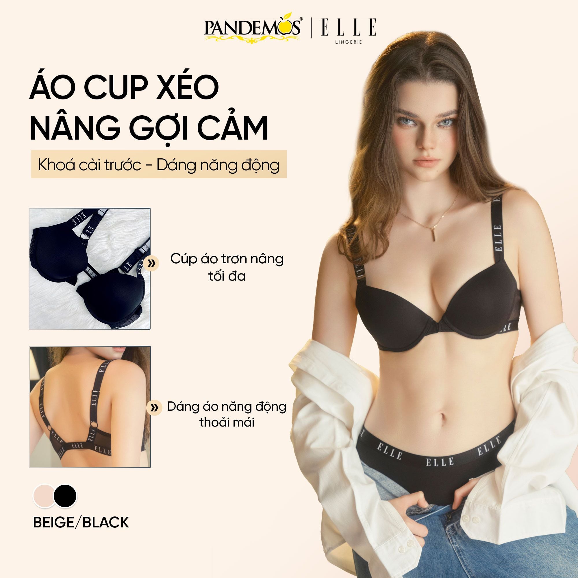  Áo Ngực ELLE LB8562 Cài Trước - Cúp Xéo Có Gọng, Mút Rời, Thêu Logo ELLE, Thiết Kế Năng Động 