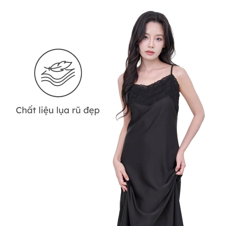  Đầm ngủ nữ ELLE LN2605 hai dây dáng dài phối ren 