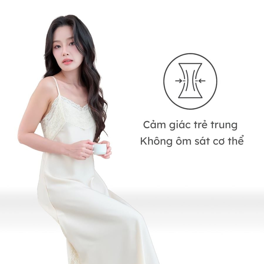  Đầm ngủ nữ ELLE LN2605 hai dây dáng dài phối ren 