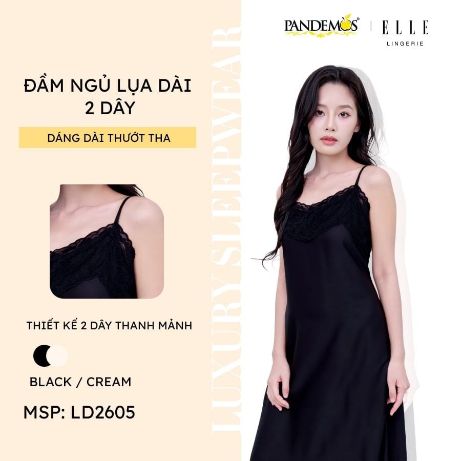  Đầm ngủ nữ ELLE LN2605 hai dây dáng dài phối ren 