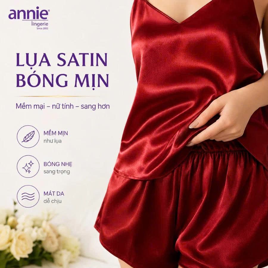 Bộ Đồ Ngủ Nữ Lụa Satin Cổ Tim annie AL 6046 Hai Dây Mặc Nhà Cao Cấp, Mềm Mại Bóng Mịn, Thoáng Mát Sang Trọng