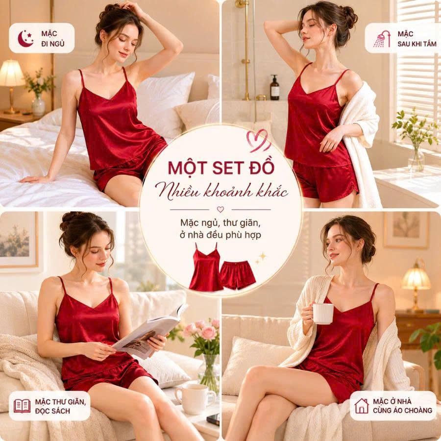 Bộ Đồ Ngủ Nữ Lụa Satin Cổ Tim annie AL 6046 Hai Dây Mặc Nhà Cao Cấp, Mềm Mại Bóng Mịn, Thoáng Mát Sang Trọng