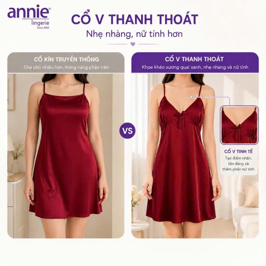 Váy Ngủ Nữ Lụa Satin Hai Dây annie AN 6055 Cổ Tim Cao Cấp, Mềm Mại Bóng Mịn, Thoáng Mát Sang Trọng