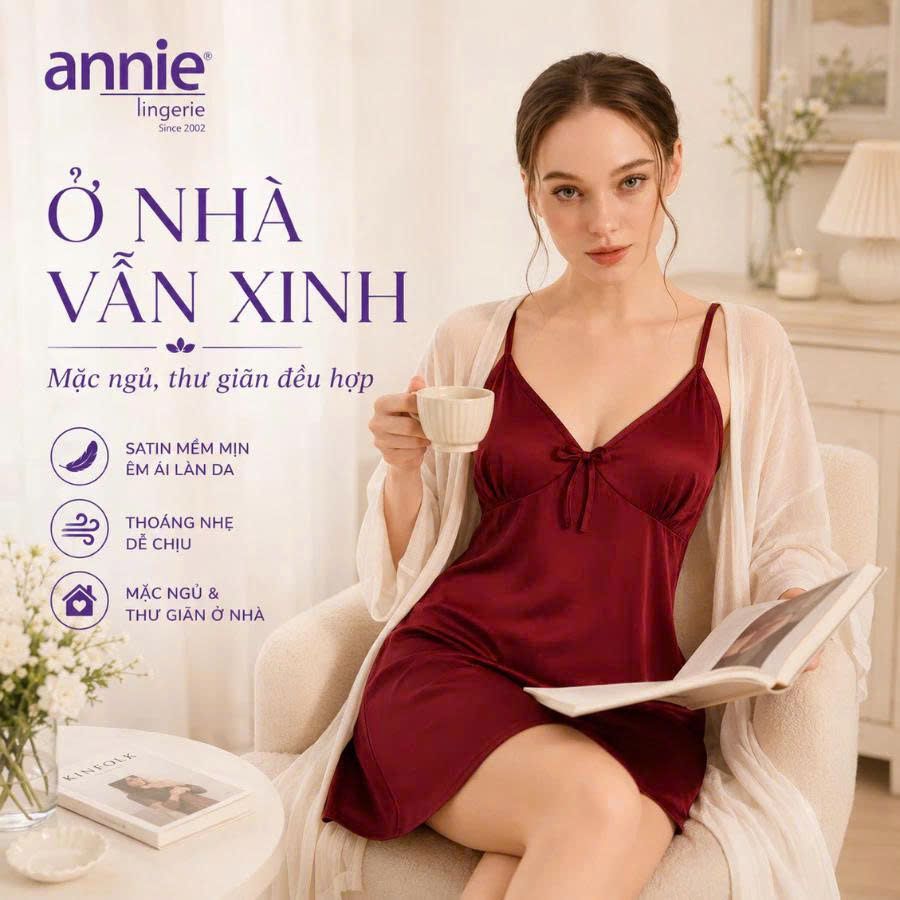 Váy Ngủ Nữ Lụa Satin Hai Dây annie AN 6055 Cổ Tim Cao Cấp, Mềm Mại Bóng Mịn, Thoáng Mát Sang Trọng