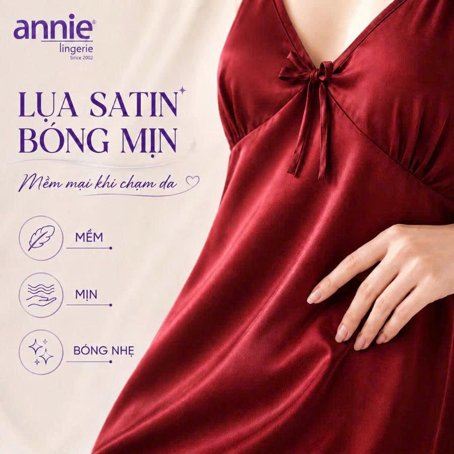 Váy Ngủ Nữ Lụa Satin Hai Dây annie AN 6055 Cổ Tim Cao Cấp, Mềm Mại Bóng Mịn, Thoáng Mát Sang Trọng