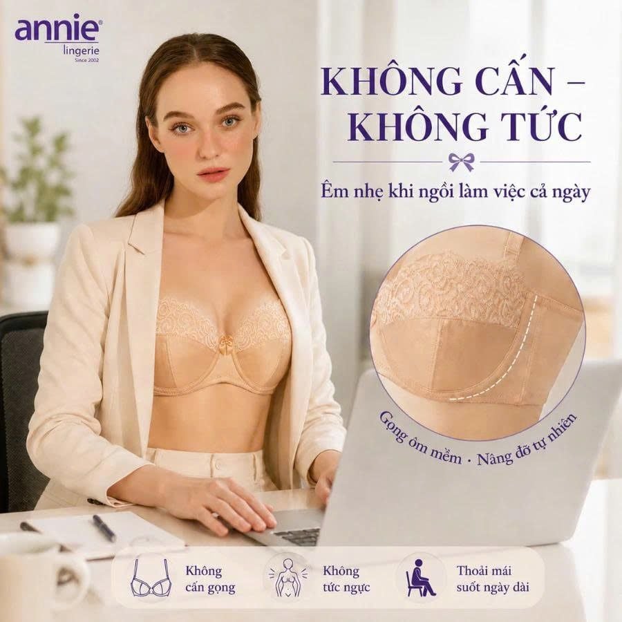 Áo ngực cúp ngang mút mỏng siêu nhẹ annie BRA8150 phối ren, có chỗ lắp thêm mút nâng ngực gợi cảm, ôm ngực không hở ngực