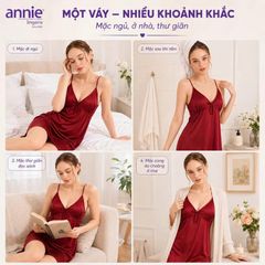 Váy Ngủ Nữ Lụa Satin Hai Dây annie AN 6055 Cổ Tim Cao Cấp, Mềm Mại Bóng Mịn, Thoáng Mát Sang Trọng