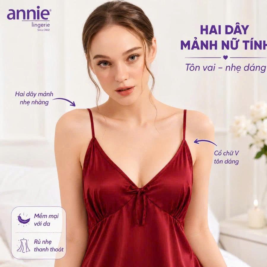 Váy Ngủ Nữ Lụa Satin Hai Dây annie AN 6055 Cổ Tim Cao Cấp, Mềm Mại Bóng Mịn, Thoáng Mát Sang Trọng