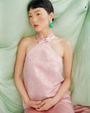  Pink Halter Brocade Top 