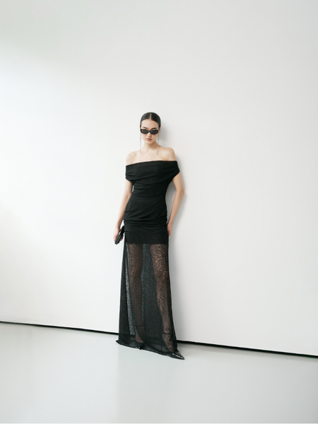  Off-Shoulder Sheer Maxi Dress 