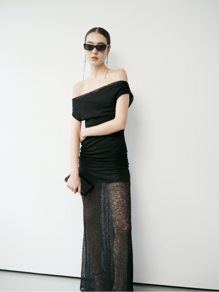  Off-Shoulder Sheer Maxi Dress 