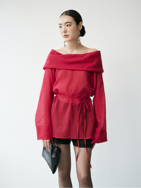  Red Sheer Off-Shoulder Top 