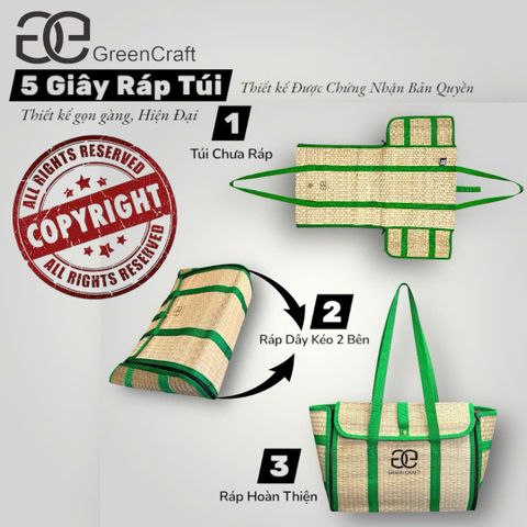 Túi Cói Chiếu Gập Green Craft,Túi Xách Thủ Công, Đi Biển, Đi Chợ, Đi Làm