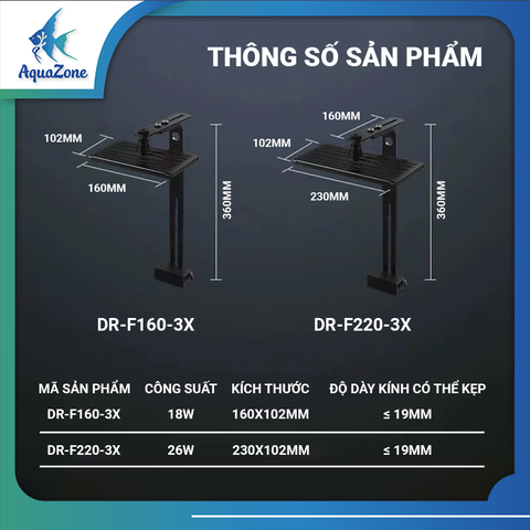 Đèn LED Hồ Cá Deyao F160-3X | F220-3X, Chíp Led RGB Toàn Phổ, Remote Điều Khiển Thông Minh, Xoay 360°