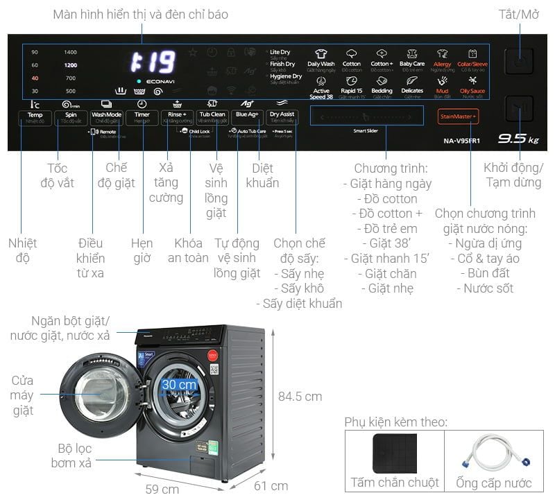 Máy giặt sấy Panasonic Inverter giặt 9.5 kg - sấy 2 kg NA-V95FR1BVT