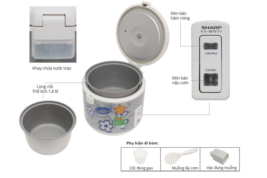 Nồi cơm điện Sharp 1.8 lít KS-N181ETV 