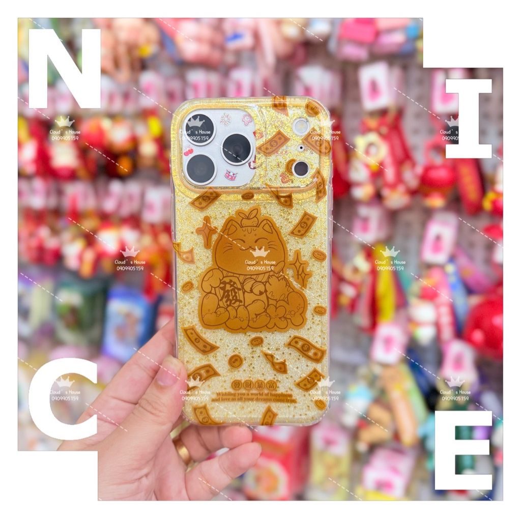Case Ốp điện thoại iPhone Mèo May Mắn, Tài Lộc Trong Kim Tuyến Vàng iPhone 12/13/14/15/16/17Pro/Promax - TẾT