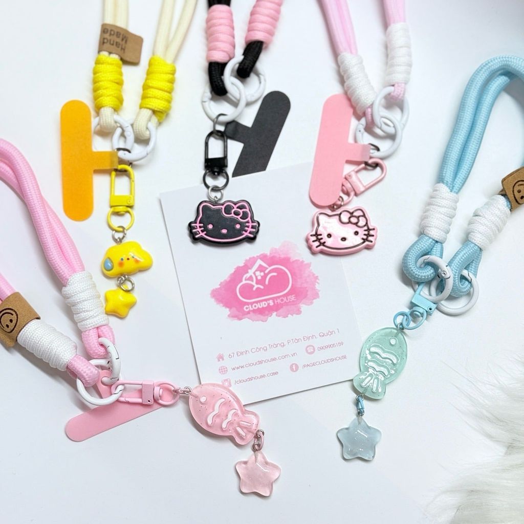 Dây đeo ngắn móc tay chất dù giữ điện thoại màu phối trơn ( DÂY NGẮN) - kèm móc hoạt hình các mẫu
