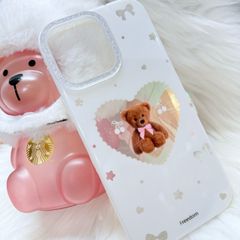 Case Ốp điện thoại iPhone Trắng Gấu Nâu Nơ Sao Cherry Freedom Có Nút Control Viền Camera Bling Bling iPhone 13/14/15/16/17Pro/Promax