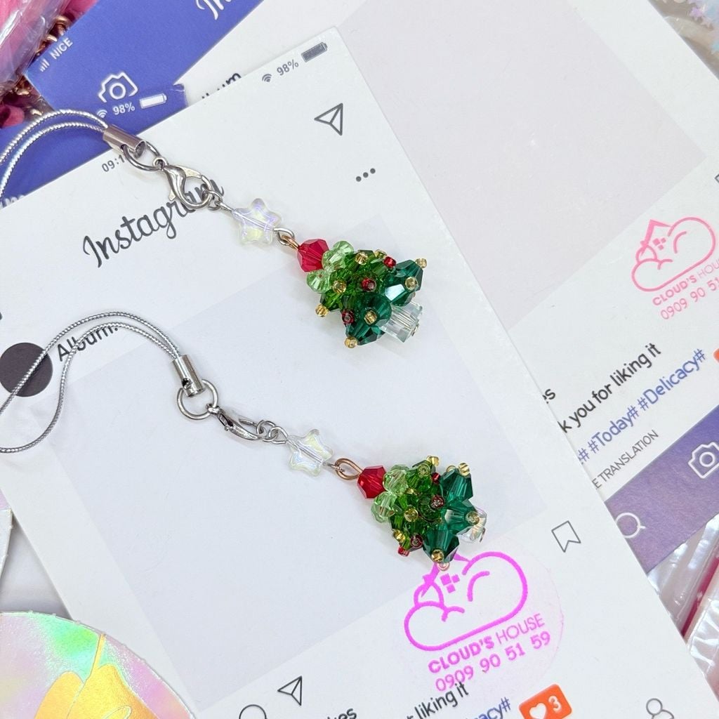 Móc Treo/ Móc khoá điện thoại di động đính hạt pha lê cây thông Noel, móc chìa khóa bông tuyết Giáng sinh