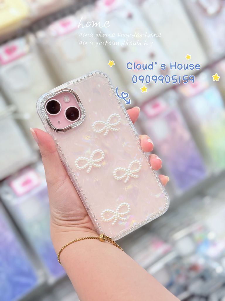 Case Ốp điện thoại iPhone Nơ Trắng Trong Ánh Xà Cừ Đính Đá Case iPhone 12/13/14/15/16/Pro/Promax