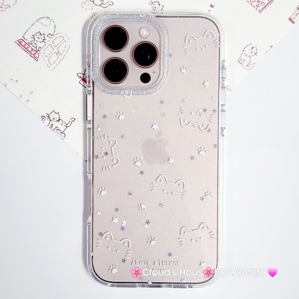 Case Ốp điện thoại iPhone Bling Bling Meomeo bé Mèo kute viền camera lấp la lấp lánh iPhone 13/14/15/16/17Pro/Promax