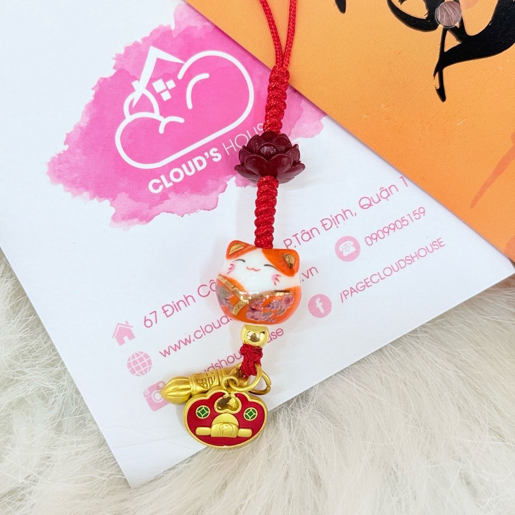 Móc Treo Điện Thoại Mèo Thần Tài Mèo Lớn Mèo Nhỏ – Phụ Kiện Trang Trí Nhiều Màu Kèm Hoa Sen & Charm