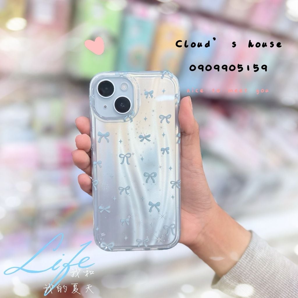 Case Ốp điện thoại iPhone Nơ Xanh Dương Hologram Bling Bling iPhone 13/14/15/16/Pro/Promax