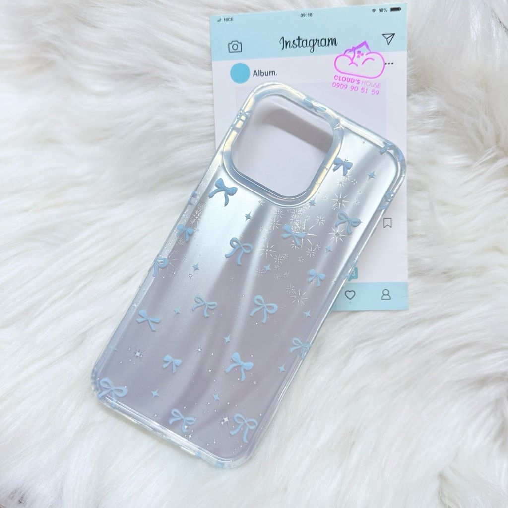Case Ốp điện thoại iPhone Nơ Xanh Dương Hologram Bling Bling iPhone 13/14/15/16/Pro/Promax