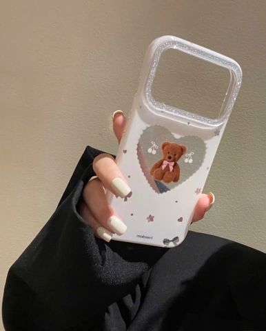 Case Ốp điện thoại iPhone Trắng Gấu Nâu Nơ Sao Cherry Freedom Có Nút Control Viền Camera Bling Bling iPhone 13/14/15/16/17Pro/Promax