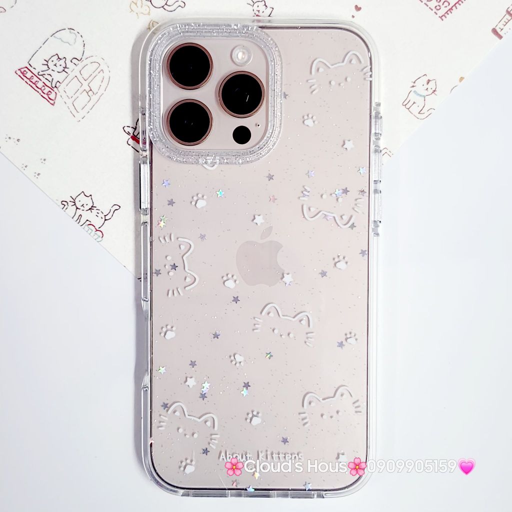 Case Ốp điện thoại iPhone Bling Bling Meomeo bé Mèo kute viền camera lấp la lấp lánh iPhone 13/14/15/16/17Pro/Promax