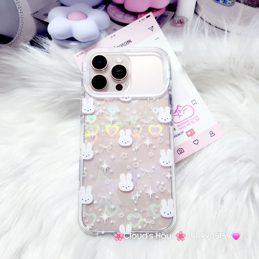 Case Ốp điện thoại iPhone Bling Bling ánh tim bé Thỏ kute viền camera lấp la lấp lánh iPhone 13/14/15/16/17Pro/Promax