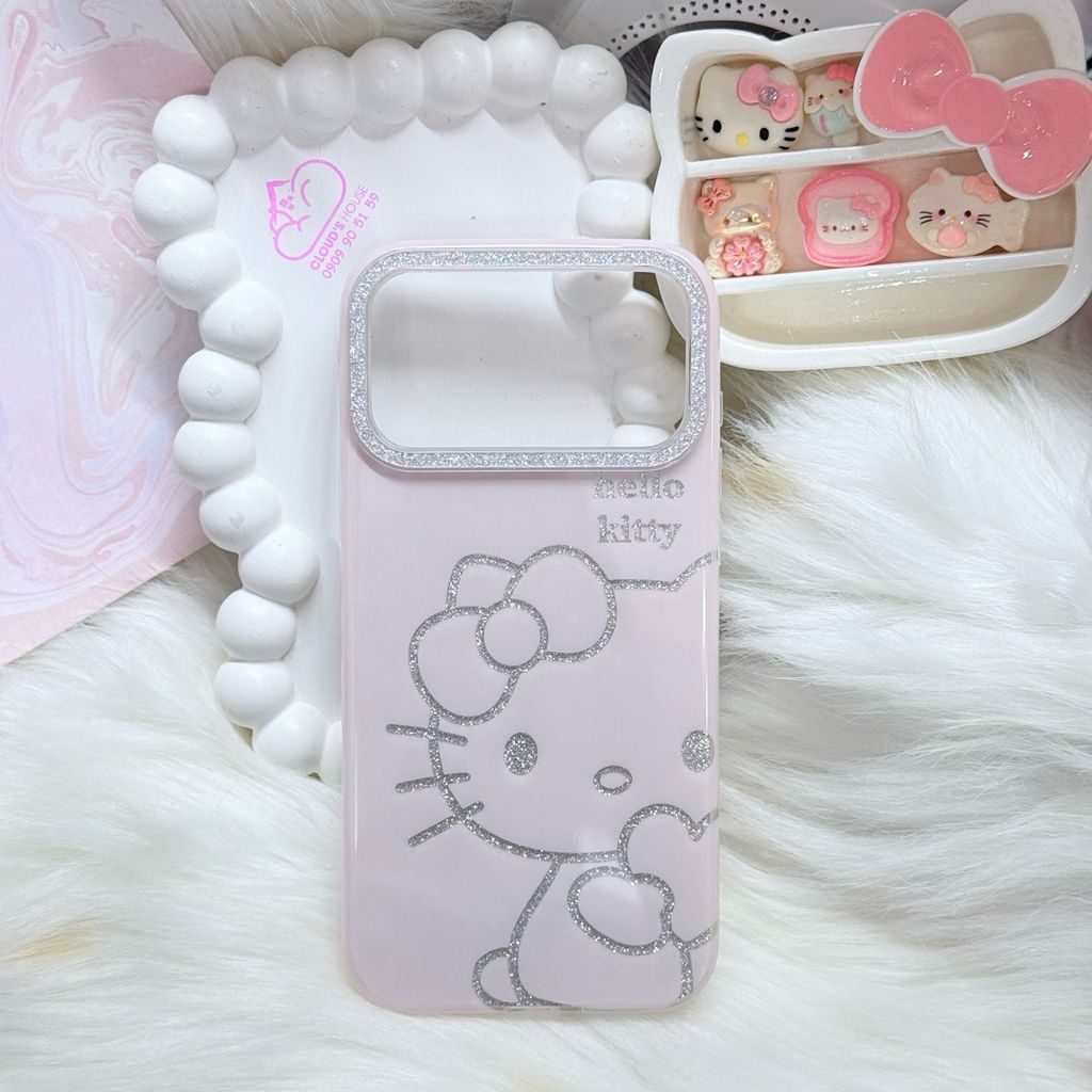 Case Ốp điện thoại iPhone Hello Kitty Hồng Nhạt Viền Camera Bling Bling iPhone 17/Pro/Promax