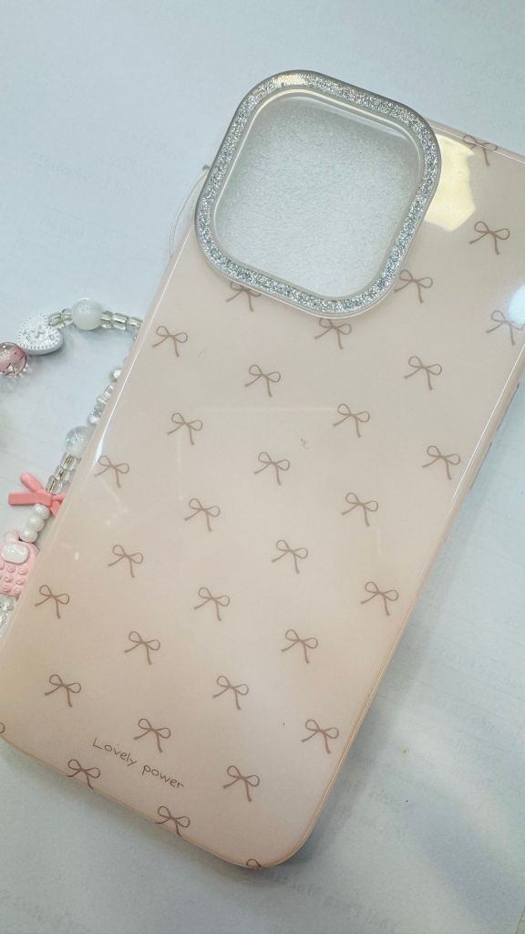 Case Ốp điện thoại iPhone Nơ Hồng Nhạt Viền Camera Bling Bling iPhone 13/14/15/16/17Pro/Promax (Kèm dây 180k)