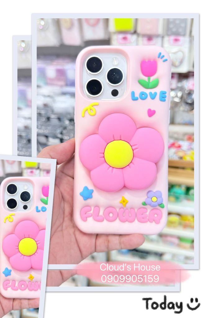 Case Ốp điện thoại iPhone Hoa kèm Popsocket Su dẻo 3D Nổi iPhone 11/12/13/14/15/Plus/Pro/Promax