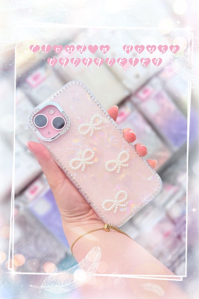 Case Ốp điện thoại iPhone Nơ Trắng Trong Ánh Xà Cừ Đính Đá Case iPhone 12/13/14/15/16/Pro/Promax