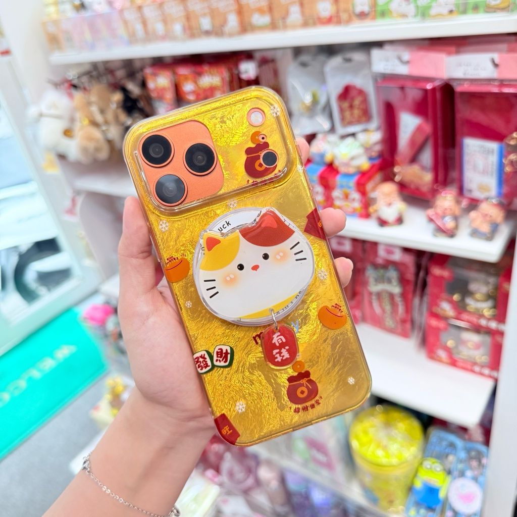 Case Ốp điện thoại iPhone Mèo May Mắn & Túi Tiền Money Tài lộc Ánh Xà Cừ Magsafe Vàng iPhone 13/14/15/16/17Pro/Promax