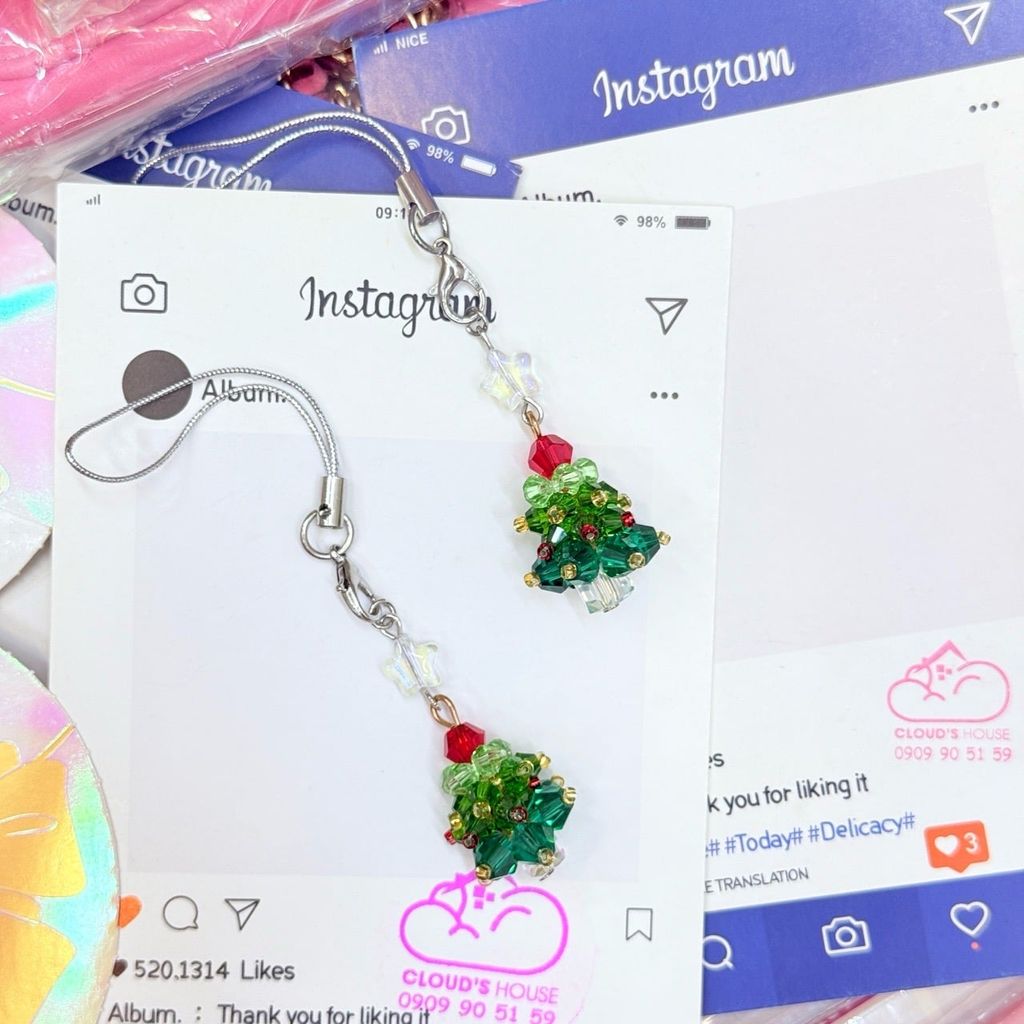 Móc Treo/ Móc khoá điện thoại di động đính hạt pha lê cây thông Noel, móc chìa khóa bông tuyết Giáng sinh