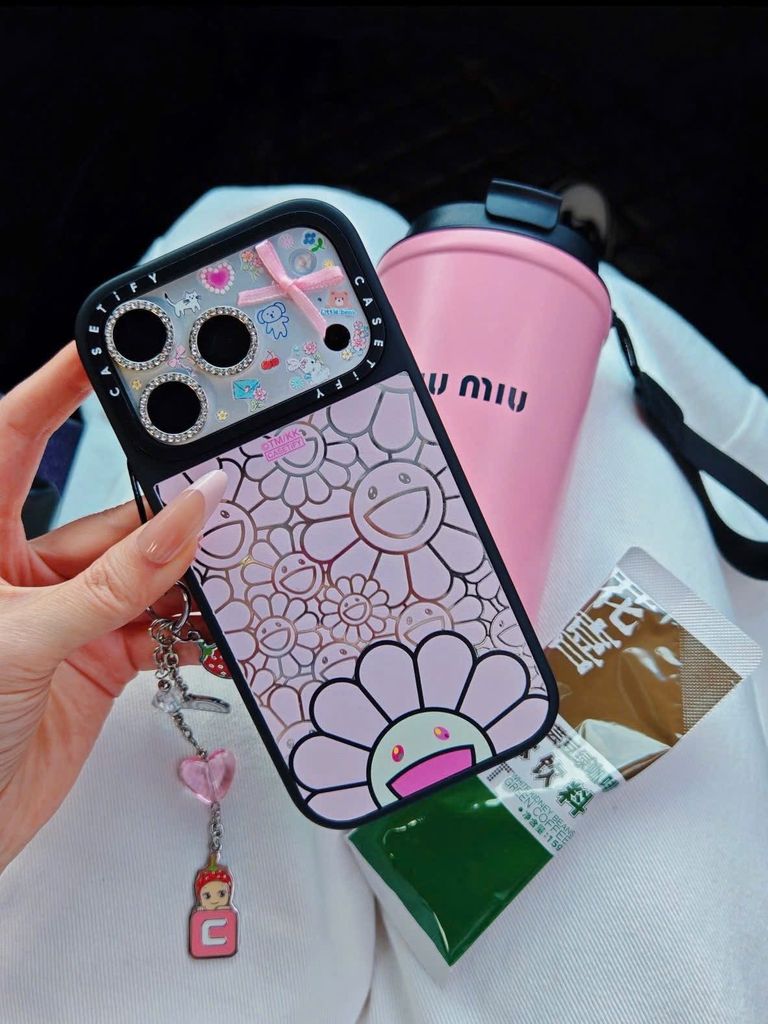 Case Ốp Điện thoại iPhone Hoa Cười Nền Hồng x Murakami Flower Mirror CaseTify iPhone 17/16/Promax