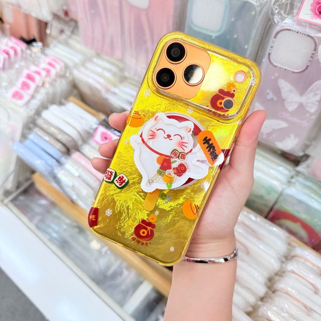 Case Ốp điện thoại iPhone Mèo May Mắn & Túi Tiền Money Tài lộc Ánh Xà Cừ Magsafe Vàng iPhone 13/14/15/16/17Pro/Promax