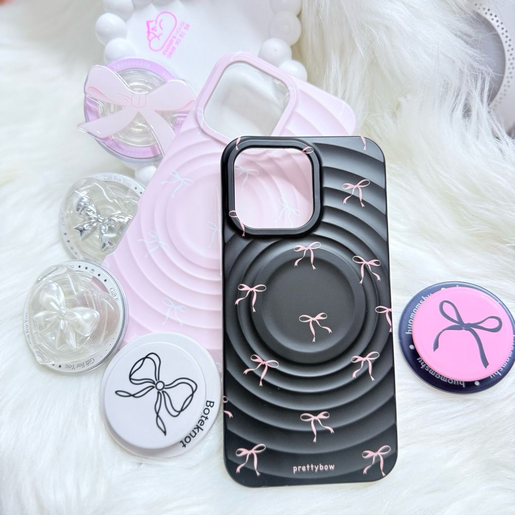 Case Ốp điện thoại iPhone Prettybow Nơ Hồng Nền Đen Pastel Magsafe iPhone 17/16/15/14/13/12/Pro/Promax