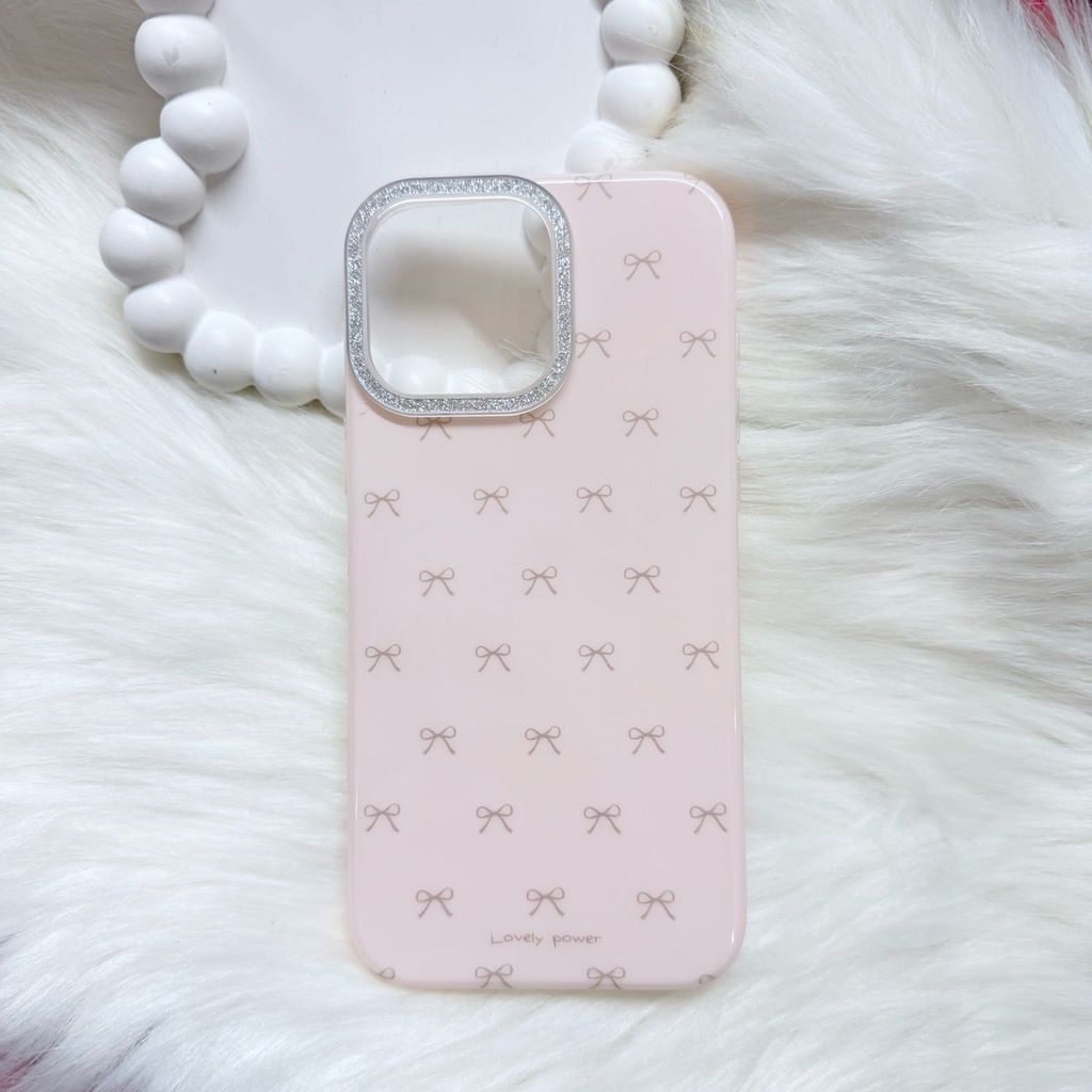 Case Ốp điện thoại iPhone Nơ Hồng Nhạt Viền Camera Bling Bling iPhone 13/14/15/16/17Pro/Promax (Kèm dây 180k)