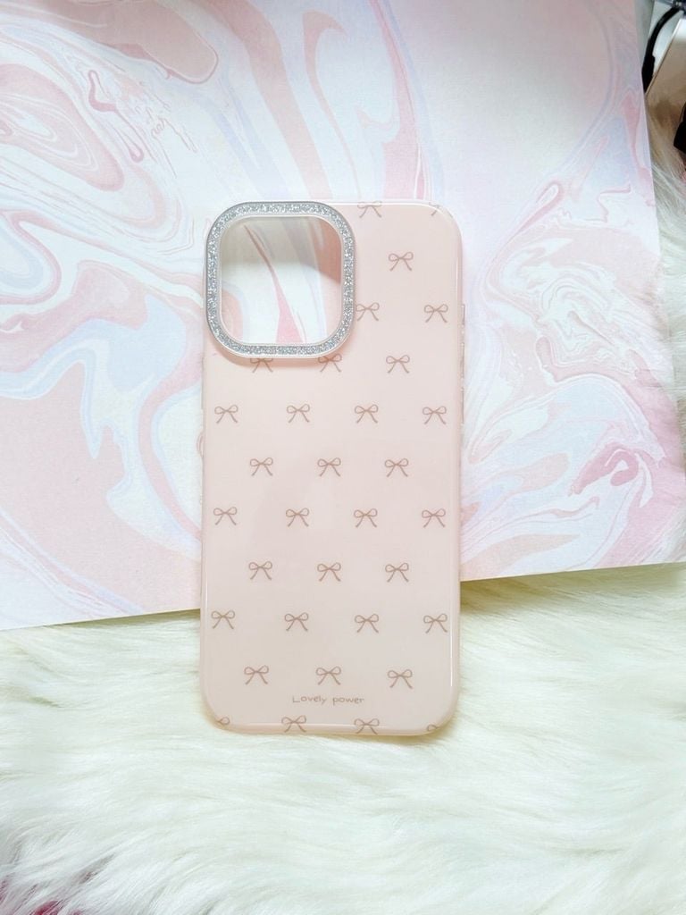 Case Ốp điện thoại iPhone Nơ Hồng Nhạt Viền Camera Bling Bling iPhone 13/14/15/16/17Pro/Promax (Kèm dây 180k)