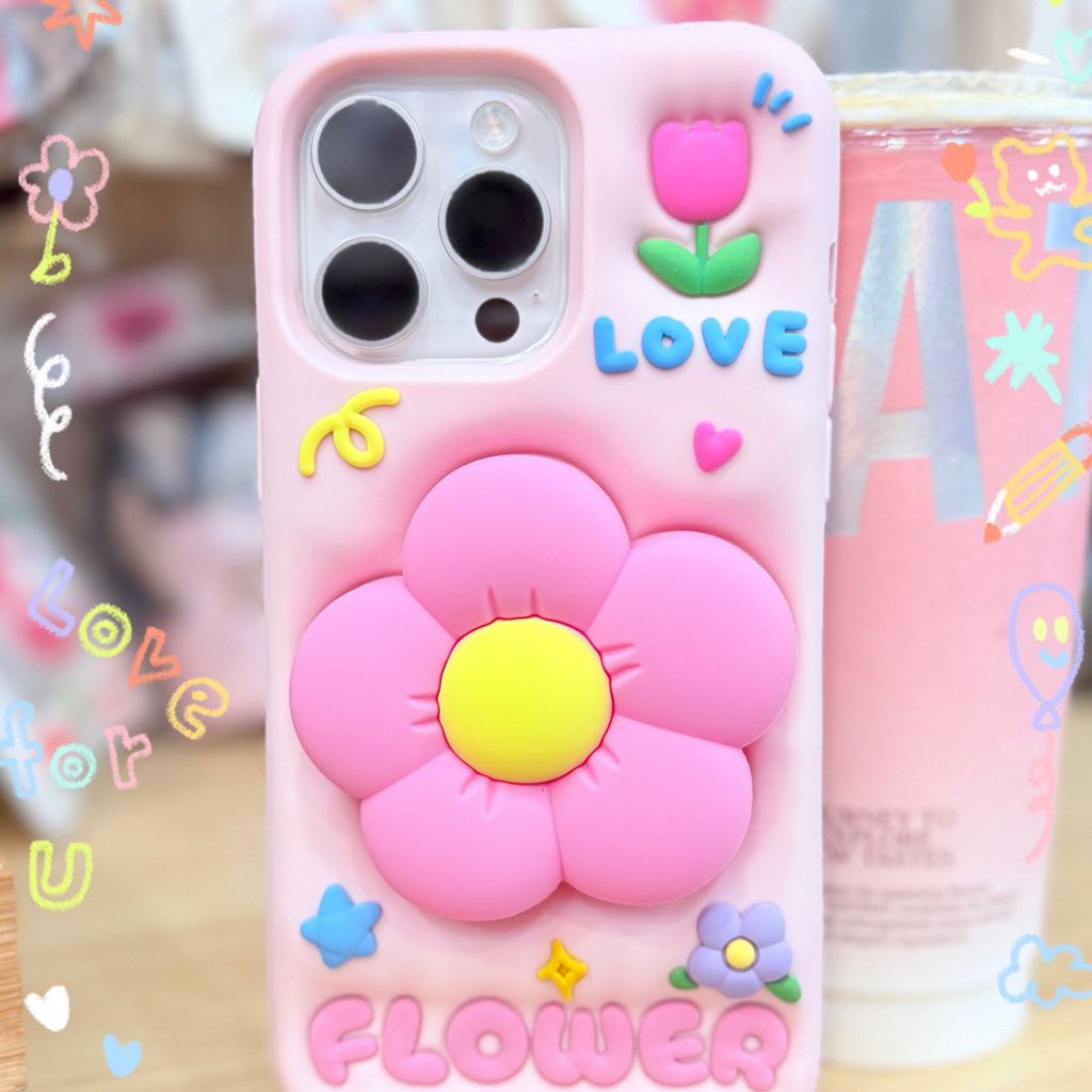 Case Ốp điện thoại iPhone Hoa kèm Popsocket Su dẻo 3D Nổi iPhone 11/12/13/14/15/Plus/Pro/Promax