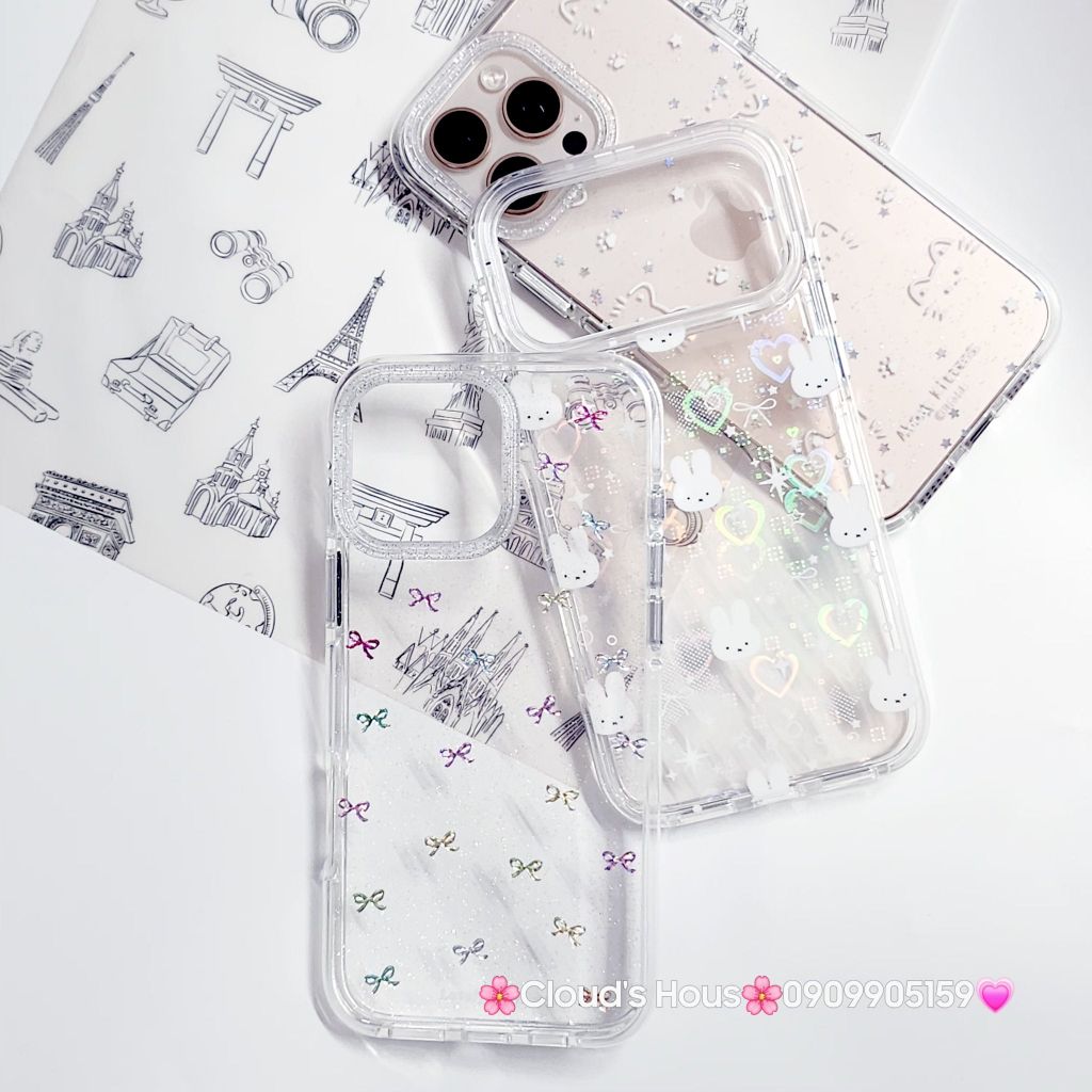 Case Ốp điện thoại iPhone Bling Bling ánh tim bé Thỏ kute viền camera lấp la lấp lánh iPhone 13/14/15/16/17Pro/Promax