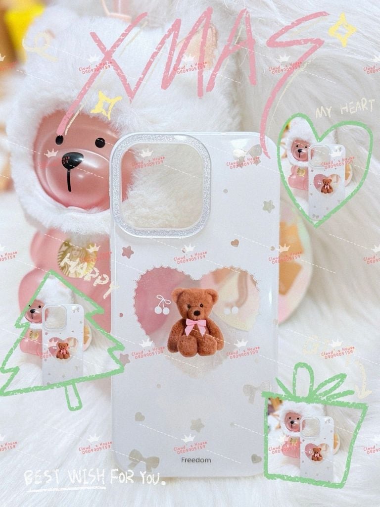 Case Ốp điện thoại iPhone Trắng Gấu Nâu Nơ Sao Cherry Freedom Có Nút Control Viền Camera Bling Bling iPhone 13/14/15/16/17Pro/Promax