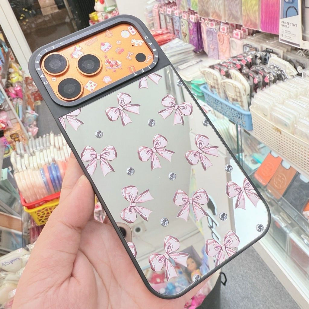 Case Ốp Điện thoại iPhone Gương Nơ Hồng Metallic Pink Ribbon Mirror CaseTify iPhone 17/16/15/14/13/Promax