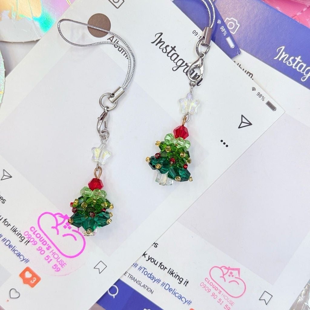 Móc Treo/ Móc khoá điện thoại di động đính hạt pha lê cây thông Noel, móc chìa khóa bông tuyết Giáng sinh