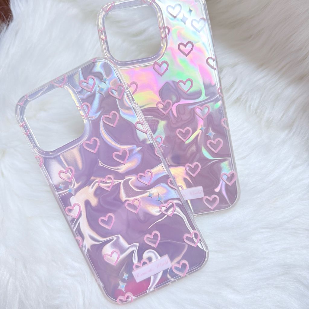Case Ốp điện thoại iPhone Tim Hồng Ánh Bạc Hồng Hologram iPhone 12/13/14/15/16/Pro/Promax