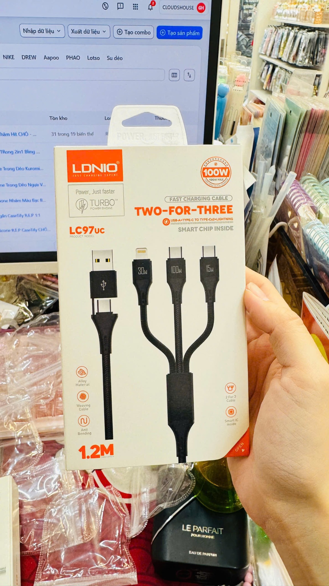 CÁP SẠC IPHONE 3in1 Bọc dù Chính hãng LDNIO Sạc Nhanh 100w LC97uc dài 1.2m (cổng typeC và USB)